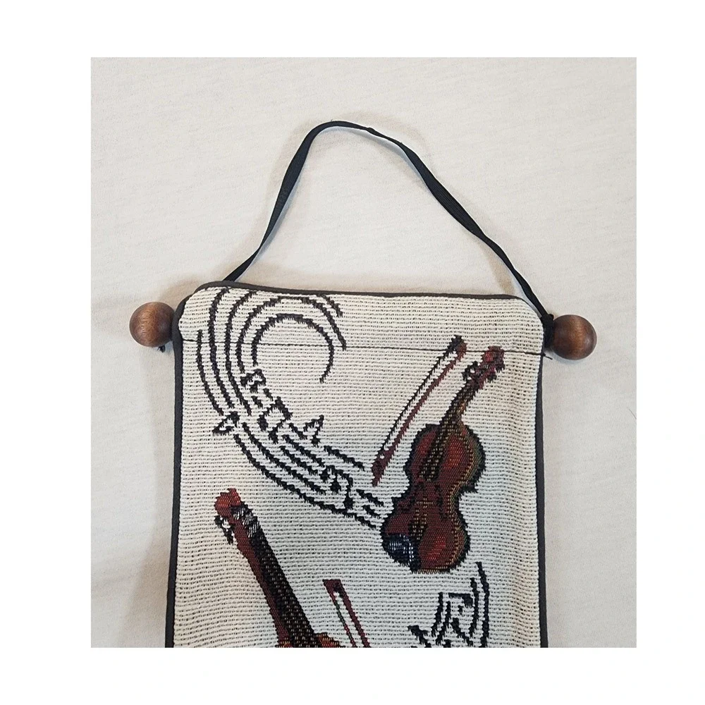 Musical Instrument Tapestry Wall Hanging Woven Scroll Decor Violin Harp Horn Vtg
